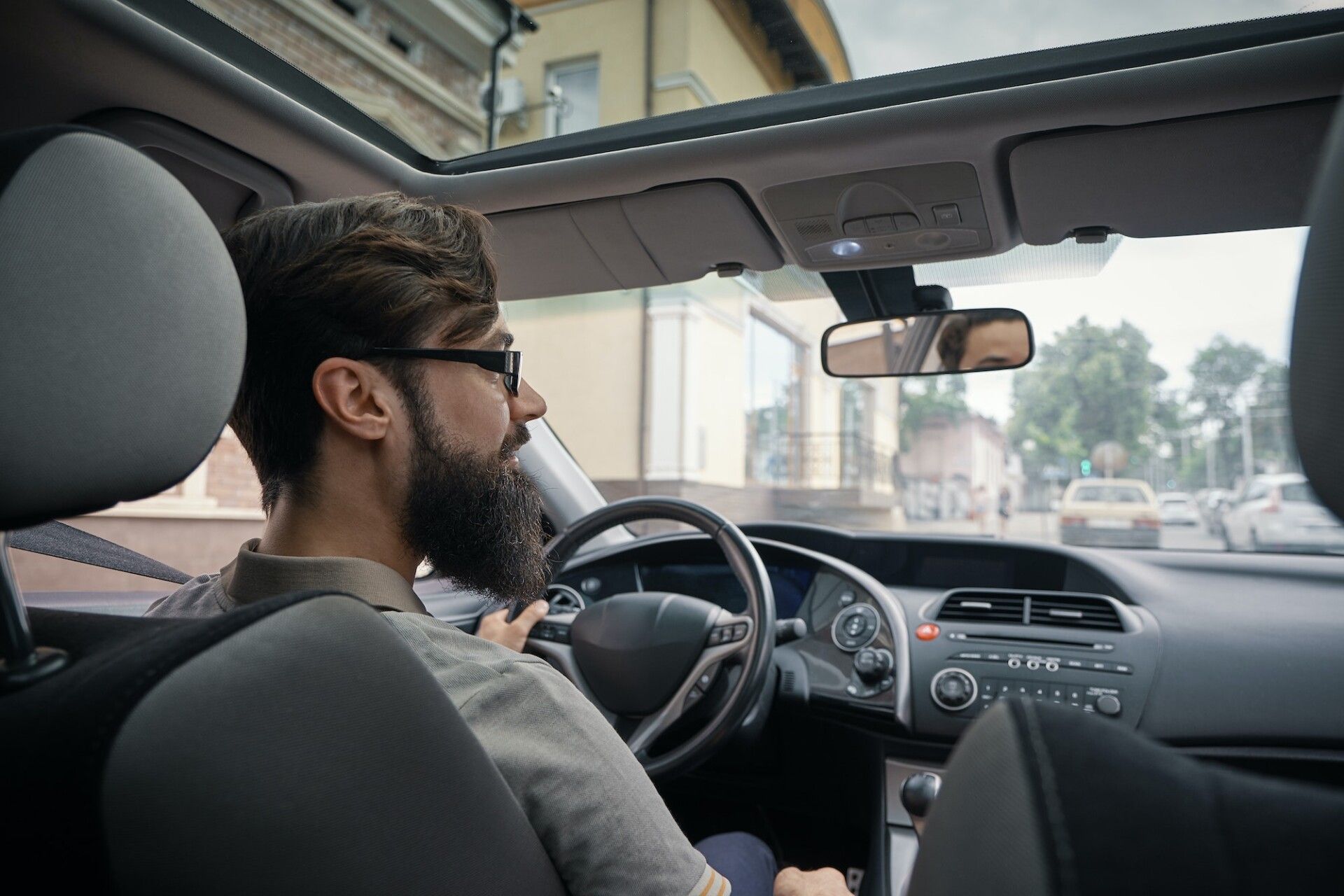 Driver man paying attention to road