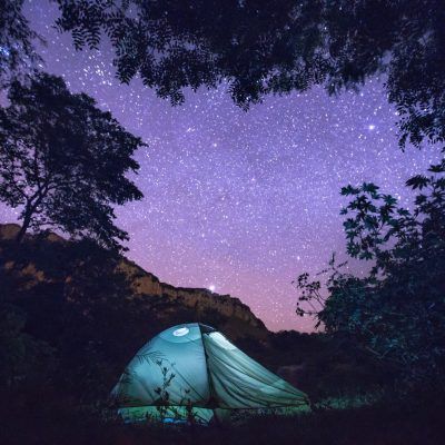 Tent under starry sky